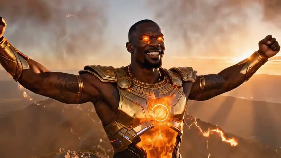 Guerrier en armure d'or, bras ouverts dans les flammes, Mpemba ya Luvila