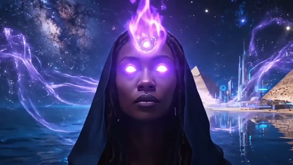Prêtresse aux yeux violets sous une flamme, devant une cité de nuit, Mpemba ya Luvila